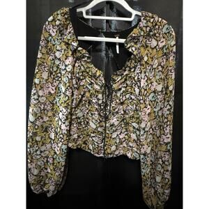 Free People Floral Cropped Balloon Sleeve Top Ruffle Tie Ruched V-Neck Sm. NWOT
